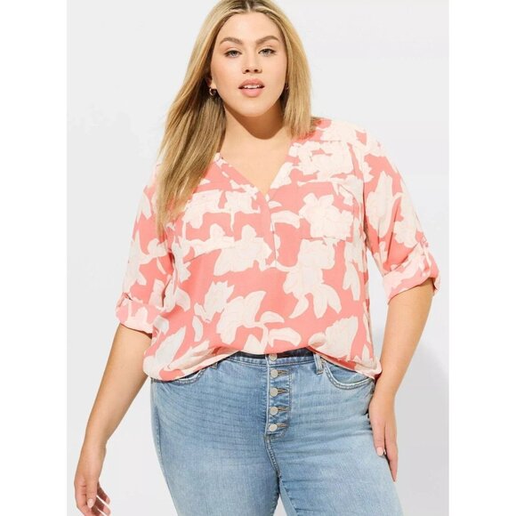 Torrid Harper‎ Georgette Pullover 3/4 Sleeve Blouse Coral Roses Floral Size 2X - Picture 1 of 12
